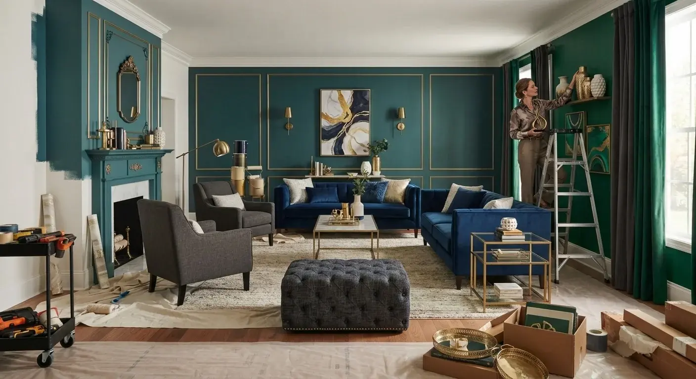 Sala en proceso de transformación con muebles reorganizados y nueva paleta de color