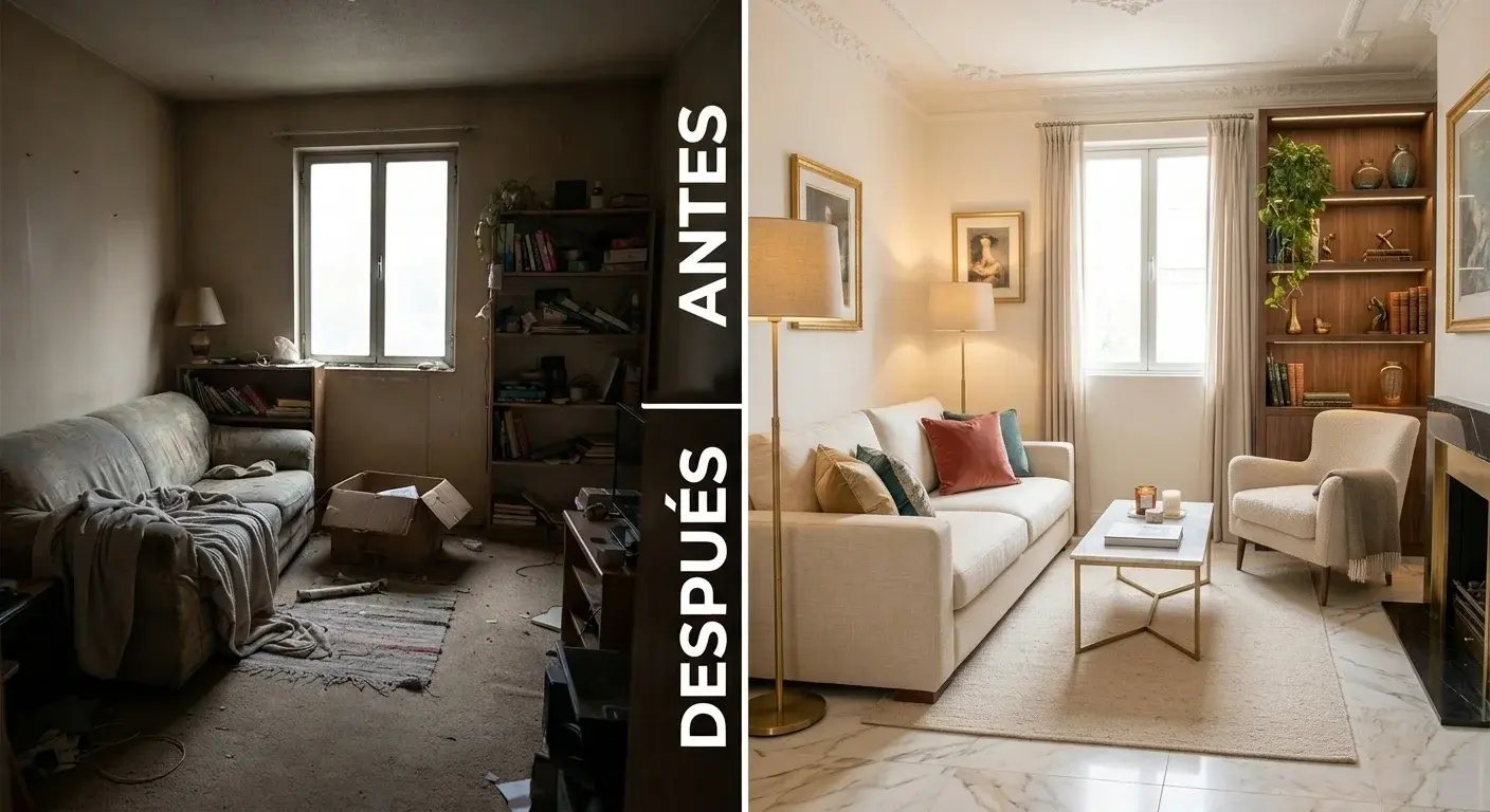 Comparación de fotos antes y después de una sala transformada con bajo presupuesto