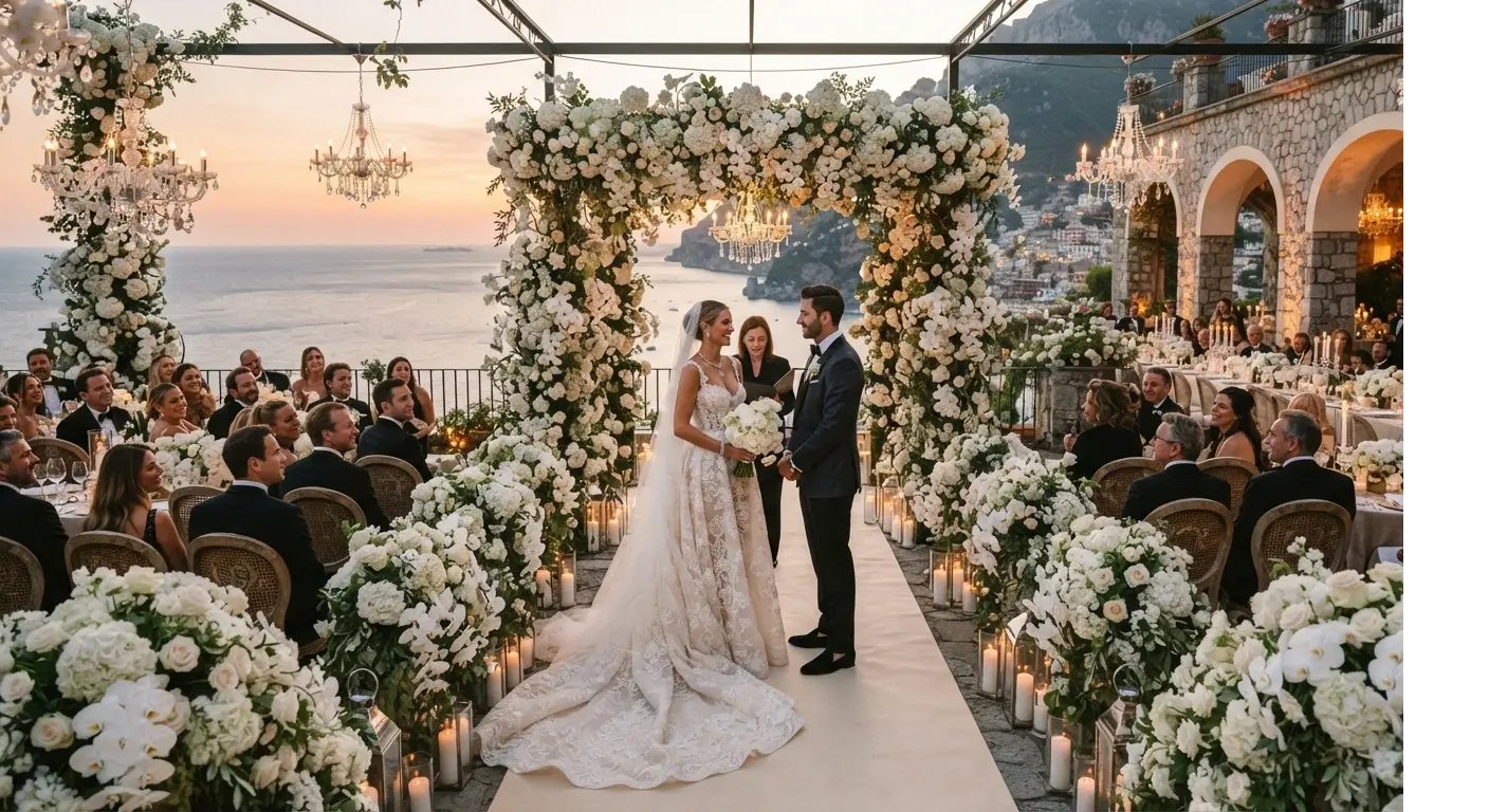 Pareja marcando tareas en un checklist de boda impreso sobre una mesa