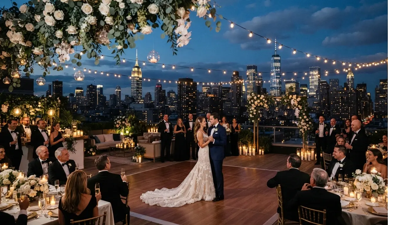 Detalle de decoración de mesa en una boda, con flores y vajilla