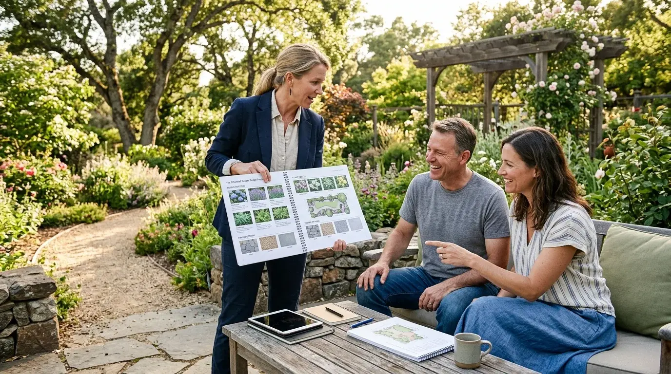 Paisajista presentando propuesta de diseño de jardín a clientes en una reunión al aire libre en espacio residencial