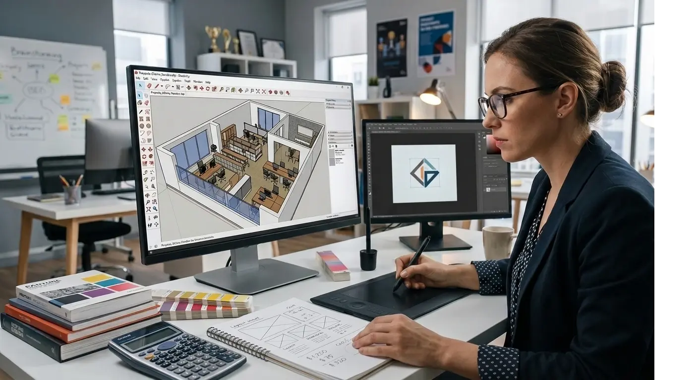 Diseñador de interiores entregando una cotización impresa a una pareja de clientes
