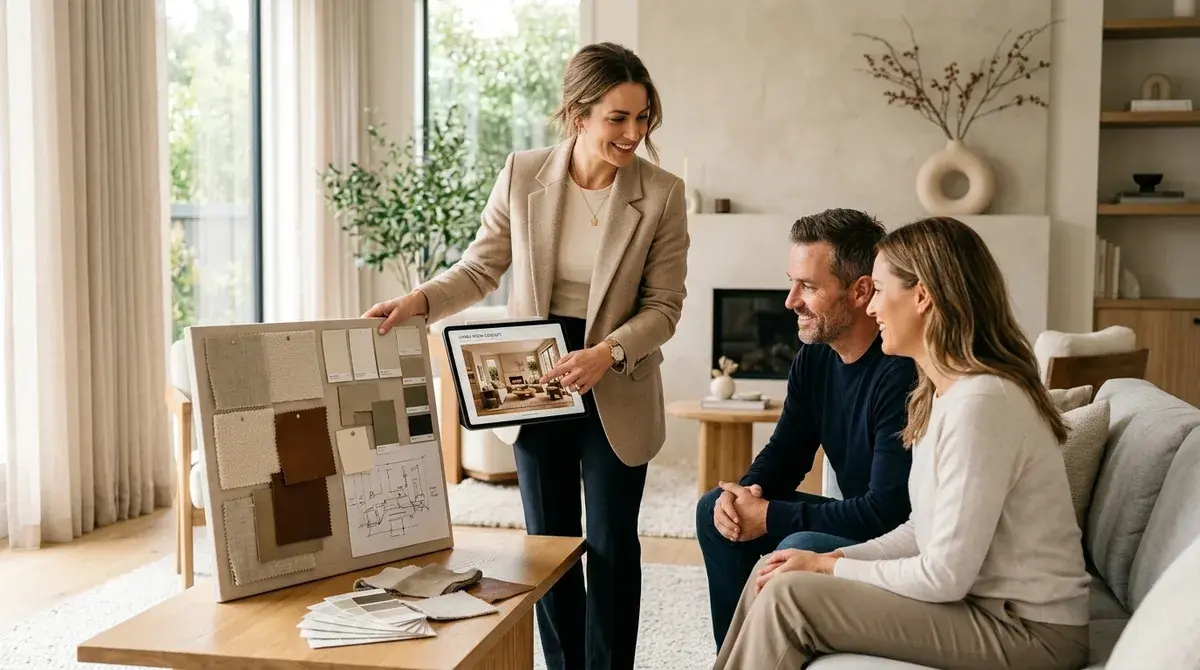 Diseñadora de interiores en una reunión con clientes mostrando muestras de materiales y render 3D en tablet