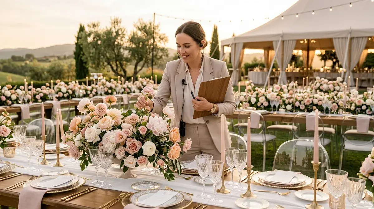 Wedding planner inspeccionando la mantelería y centros florales en una recepción de boda al atardecer