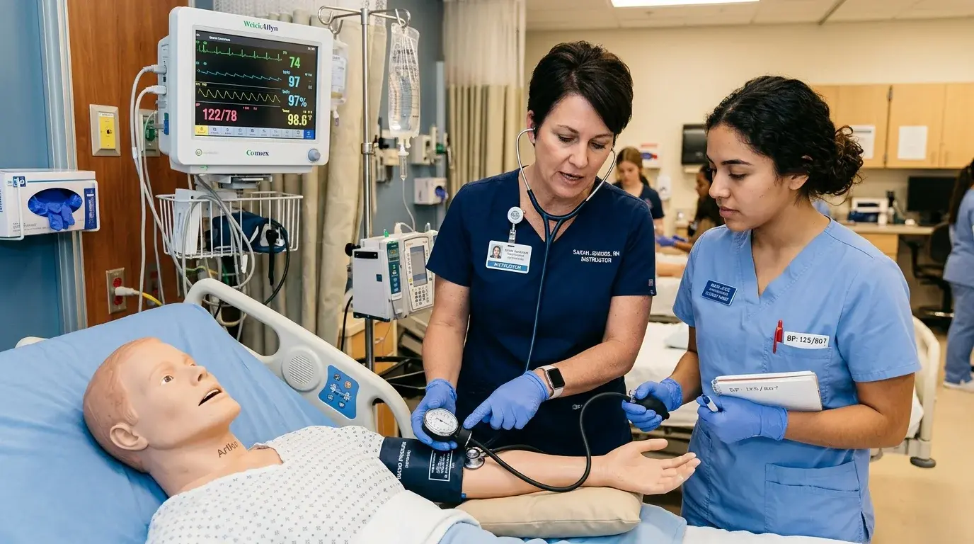 Docente del área de salud explicando la toma de presión arterial a estudiante en laboratorio de simulación clínica