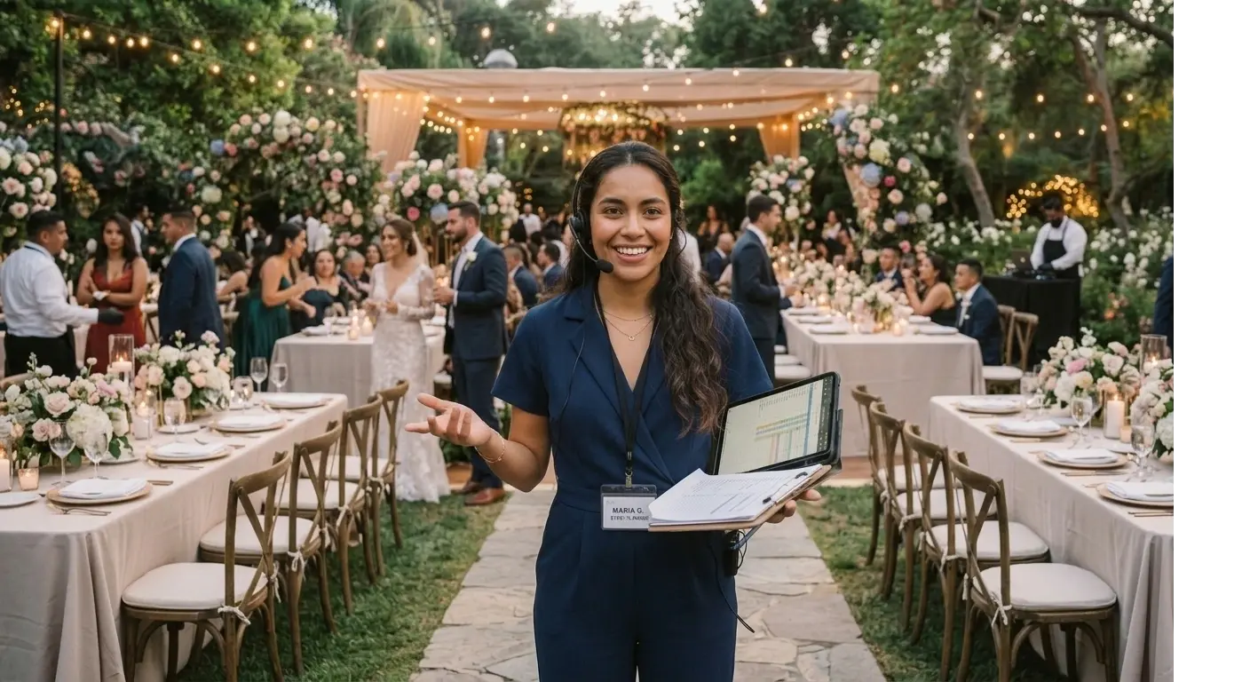 Wedding planner coordinando montaje de mesas y decoración el día del evento
