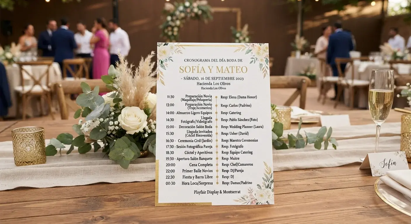 Cronograma impreso de una boda con horarios y responsables asignados por bloque