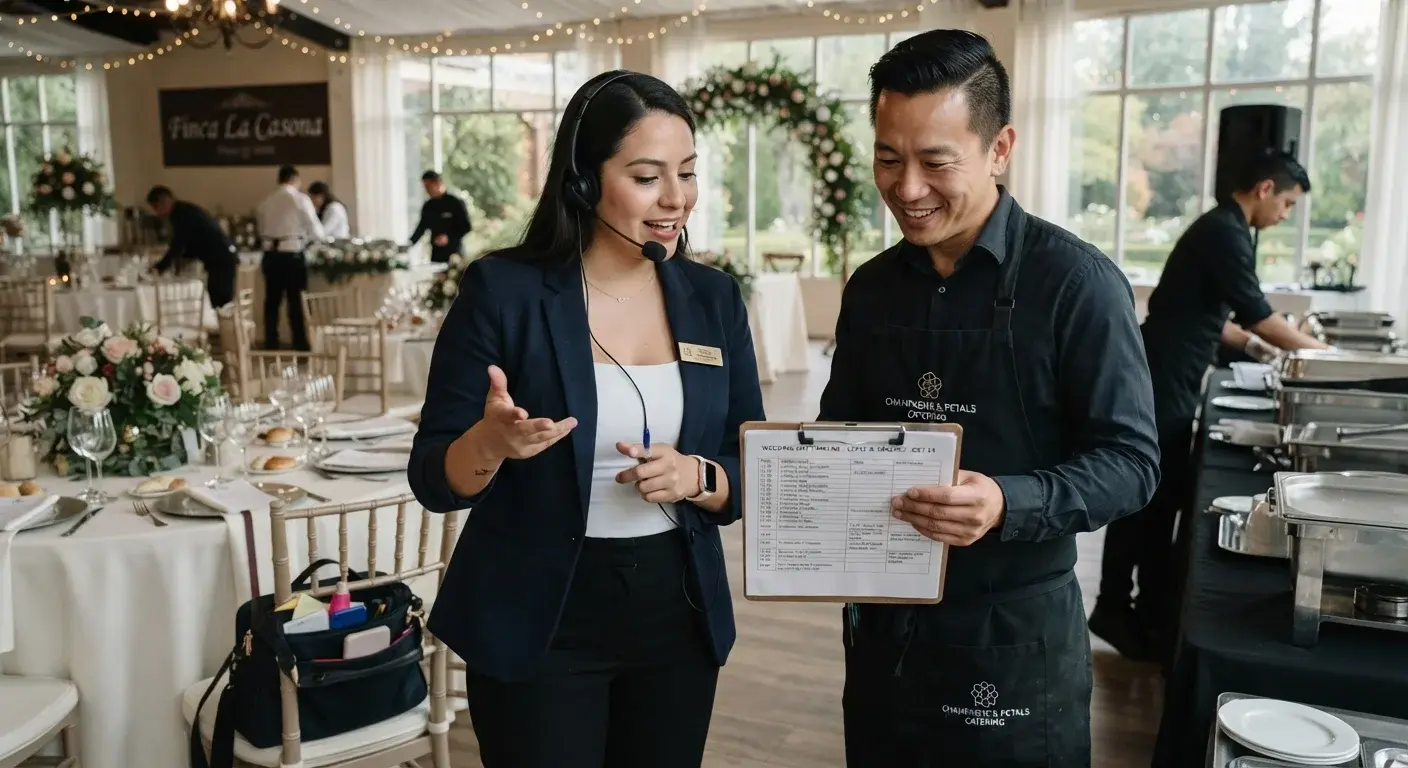 Wedding planner revisando el cronograma del día con un proveedor antes del evento