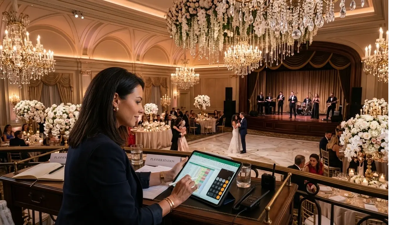Wedding planner revisando una cotización y presupuesto de evento en su tablet