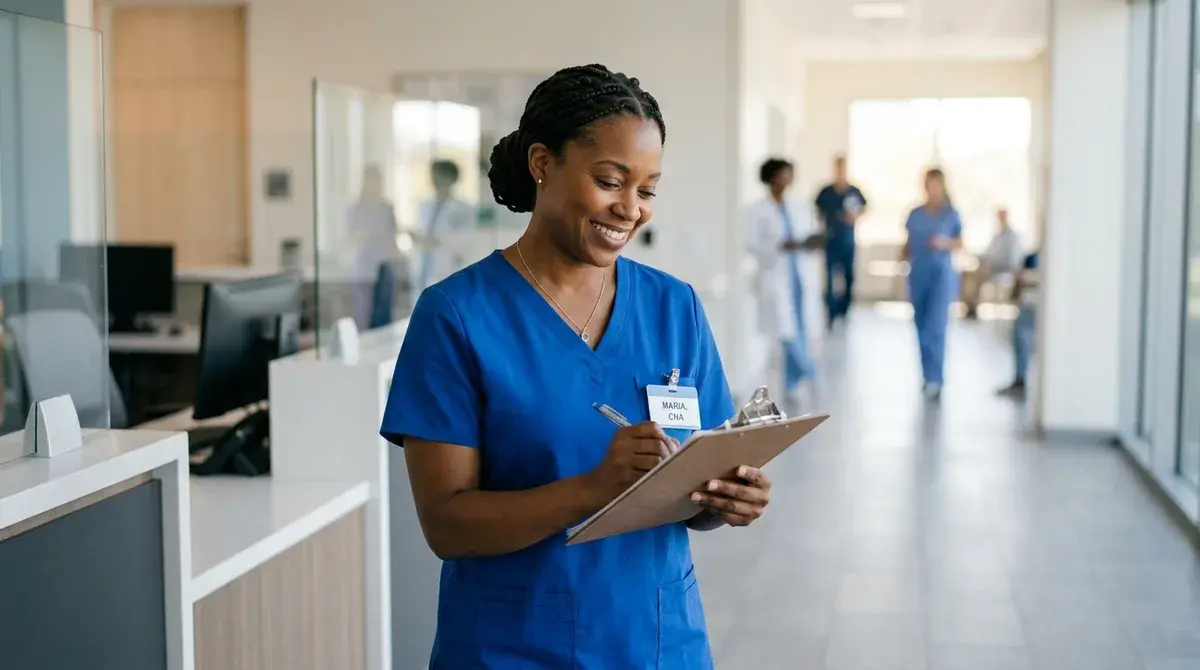 Auxiliar de enfermería con uniforme sanitario revisando documentación clínica en un hospital moderno