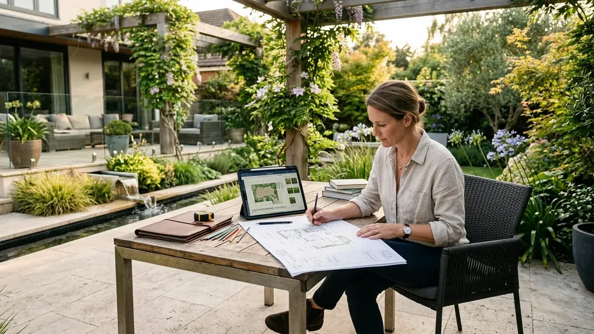 Paisajista profesional revisando planos de diseño de jardín y muestras vegetales