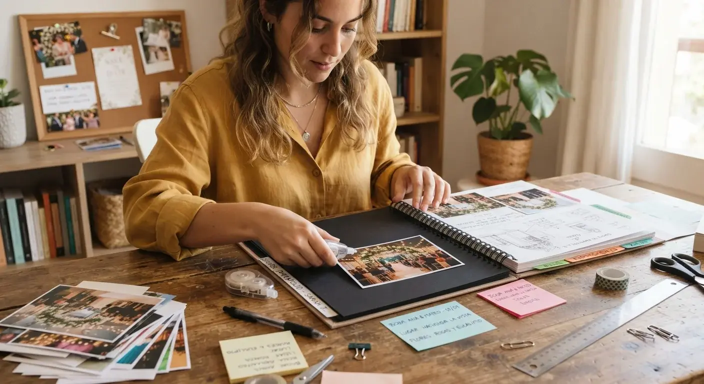 Persona armando su portafolio de eventos con fotos y notas sobre una mesa