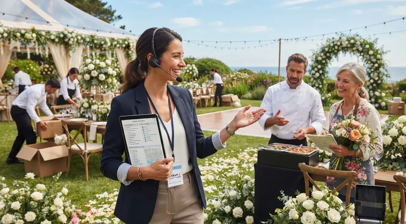 Wedding planner coordinando un evento con proveedores, con tablet en mano