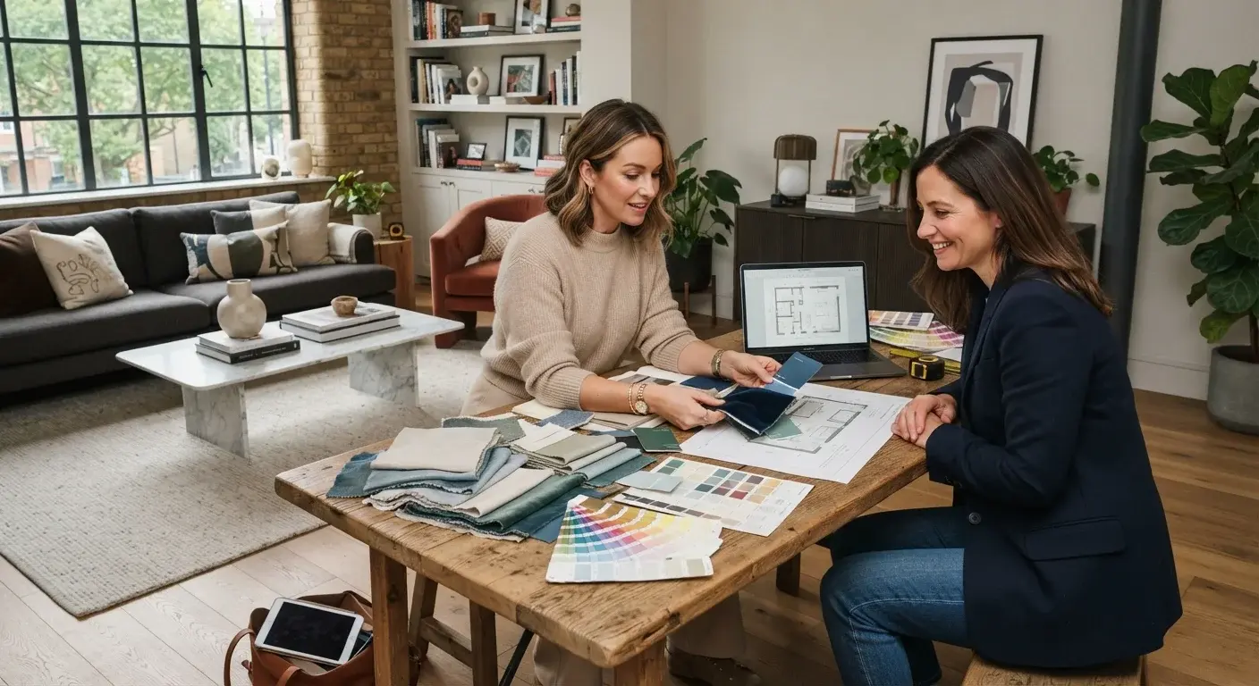 Decorador de interiores trabajando con muestras de color y mobiliario en un espacio ya construido