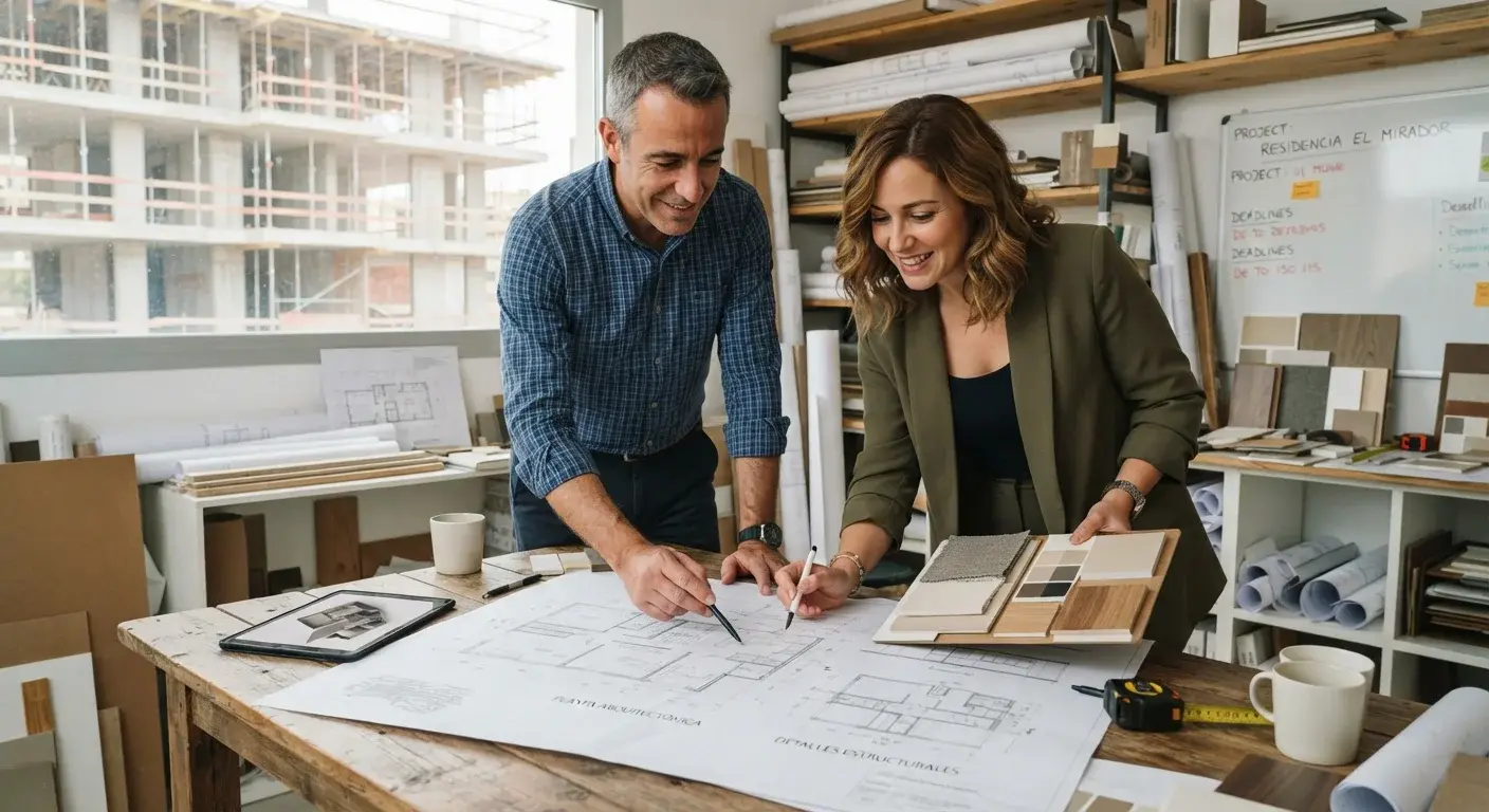 Decorador de interiores y arquitecto revisando juntos los planos de un proyecto