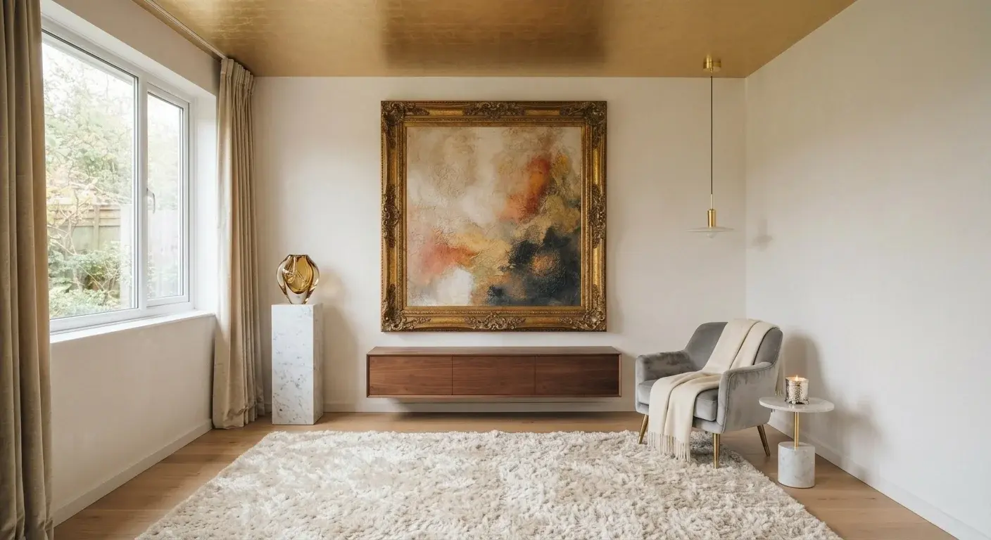Sala pequeña con un solo punto focal decorativo y el resto del espacio despejado