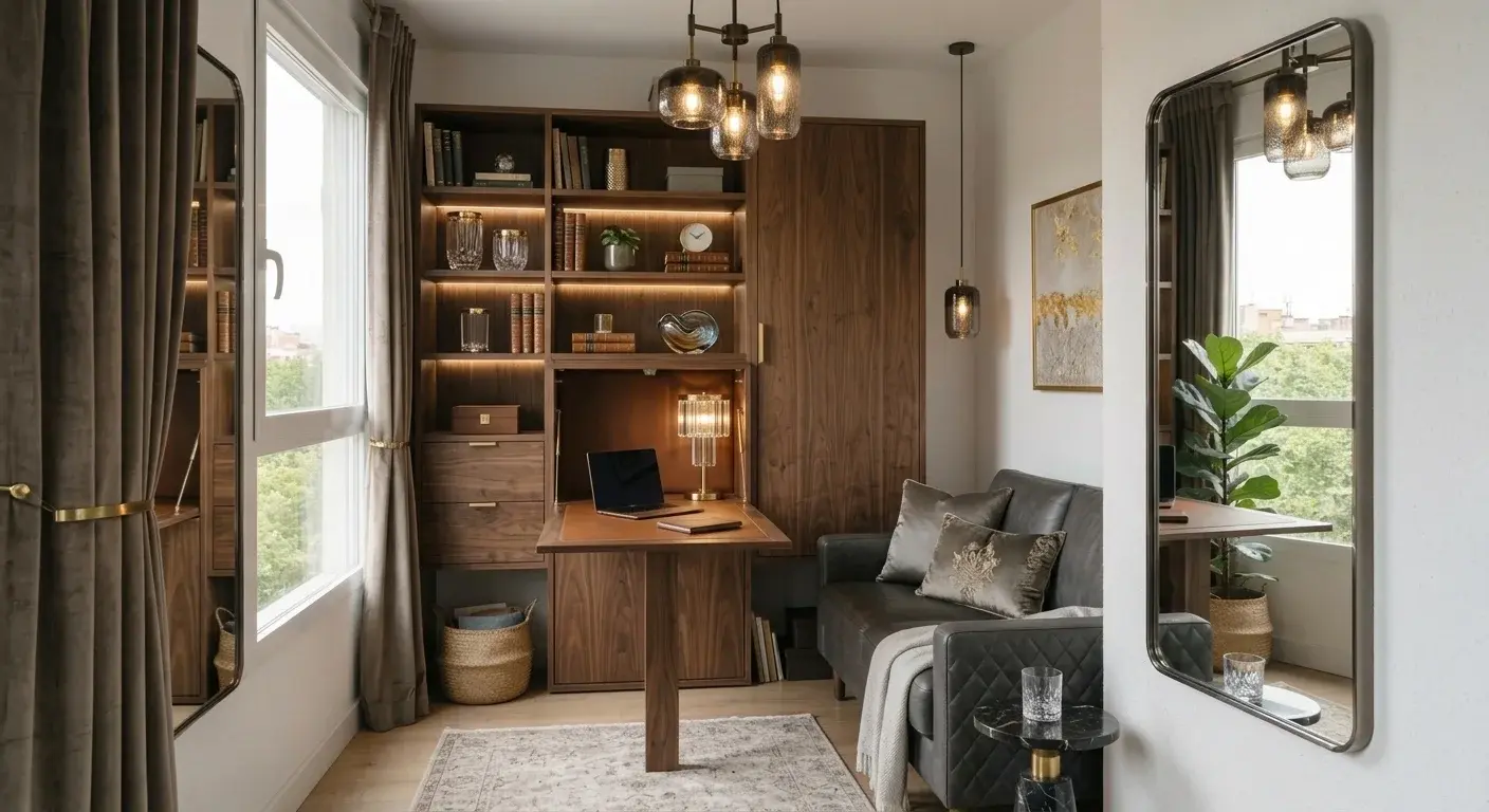 Sala pequeña con mueble multifuncional y espejo estratégicamente colocado