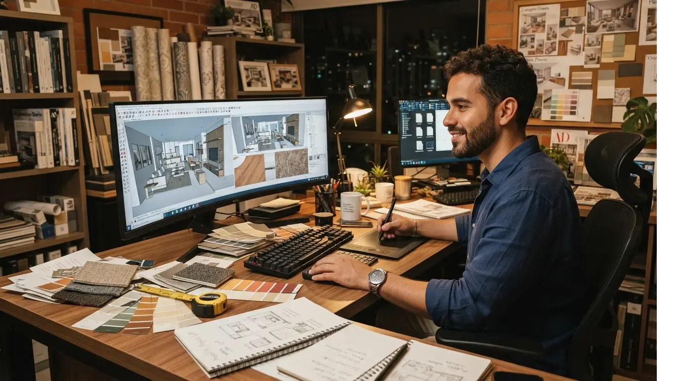Diseñadora de interiores presentando un render 3D de un proyecto a un cliente
