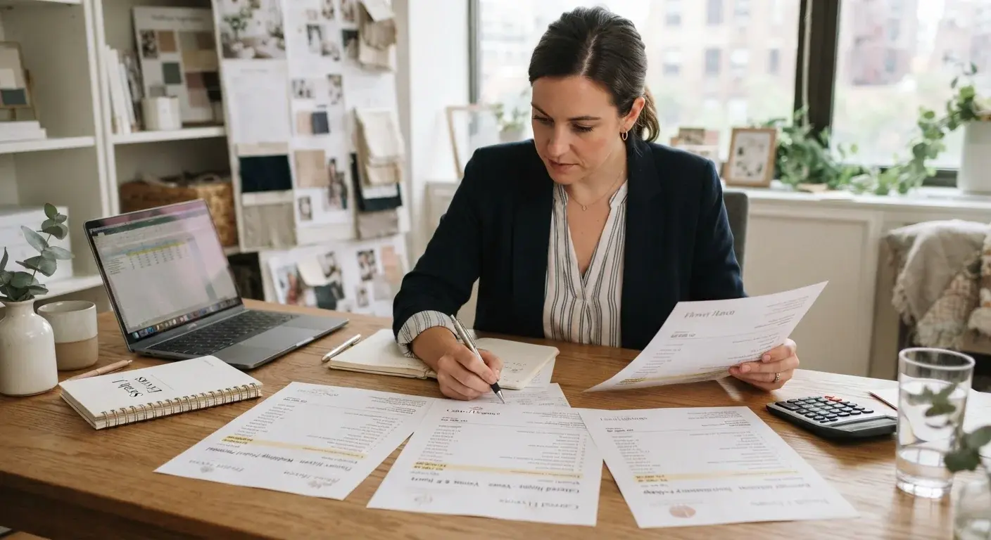 Wedding planner comparando tres cotizaciones de proveedores sobre una mesa