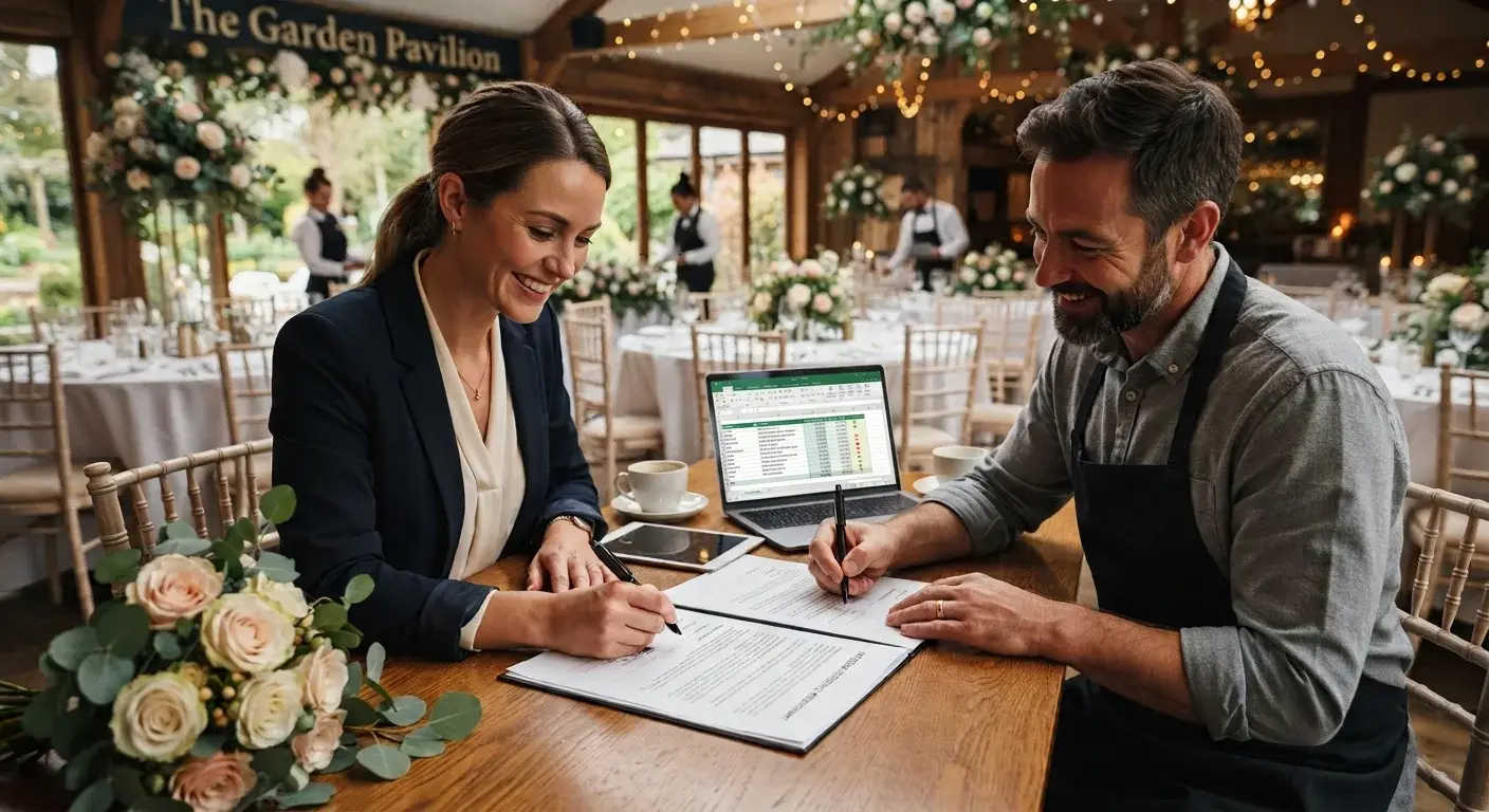 Wedding planner firmando un contrato con un proveedor de servicios para un evento