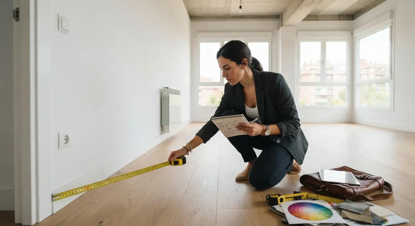 Diseñador de interiores midiendo un espacio con cinta métrica antes de proponer mobiliario