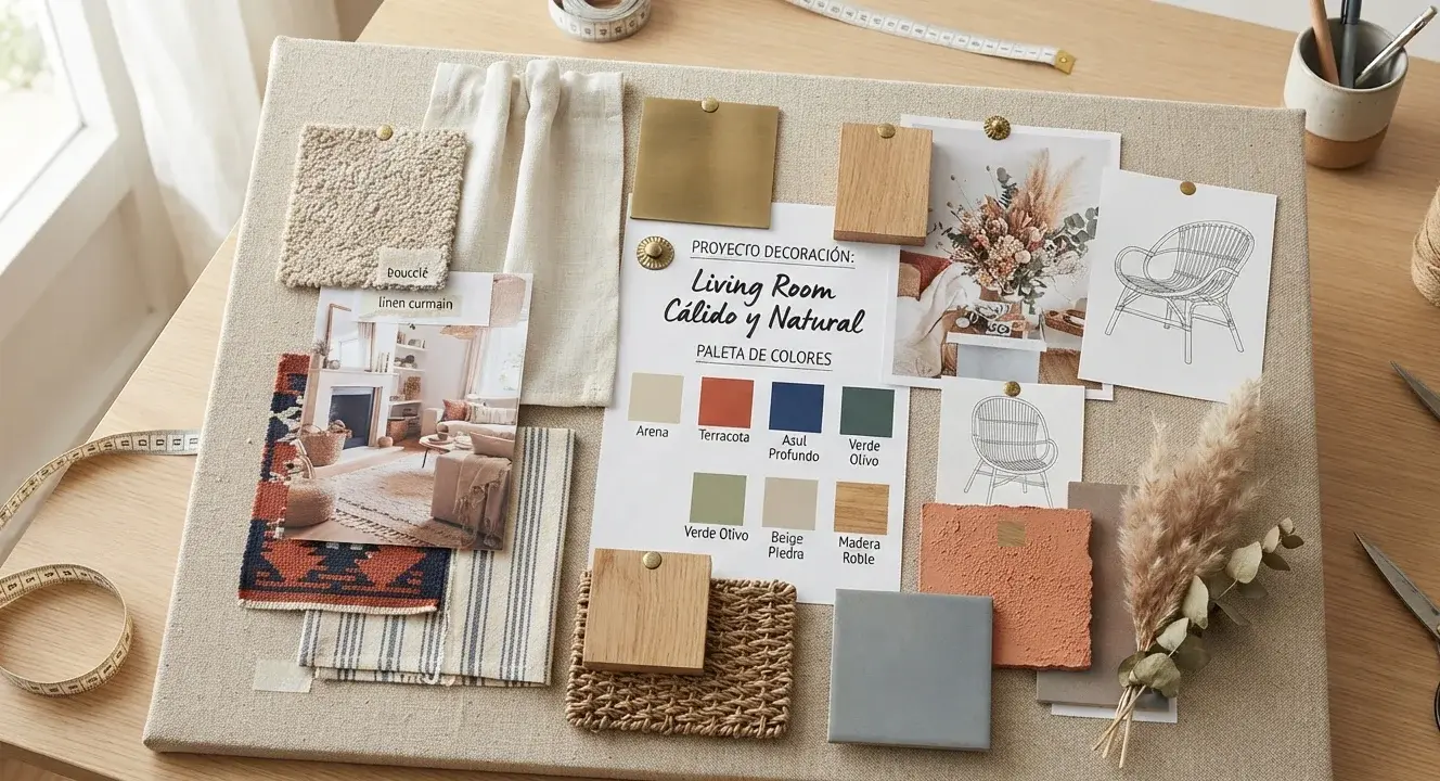 Moodboard con muestras de tela, color y materiales para un proyecto de decoración