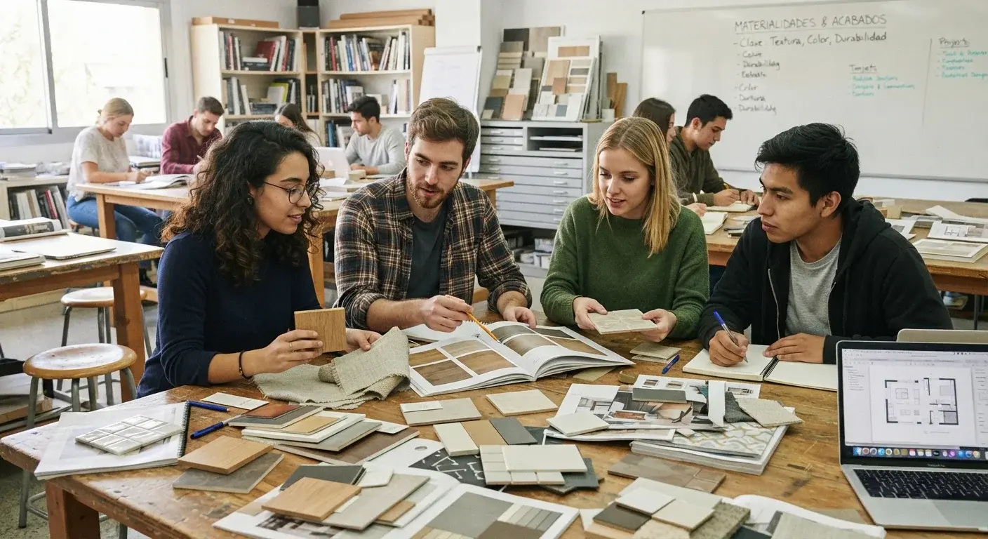 Grupo de estudiantes en una clase presencial de interiorismo revisando muestras de materiales
