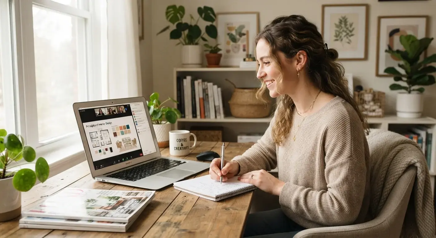 Persona tomando una clase online de interiorismo desde su laptop en casa