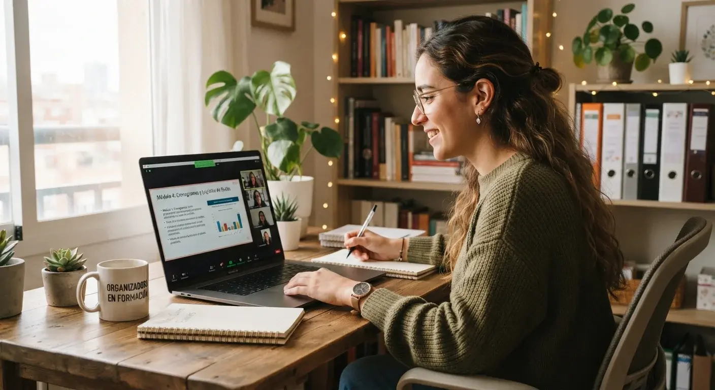 Persona tomando una clase online de organización de eventos desde su laptop en casa