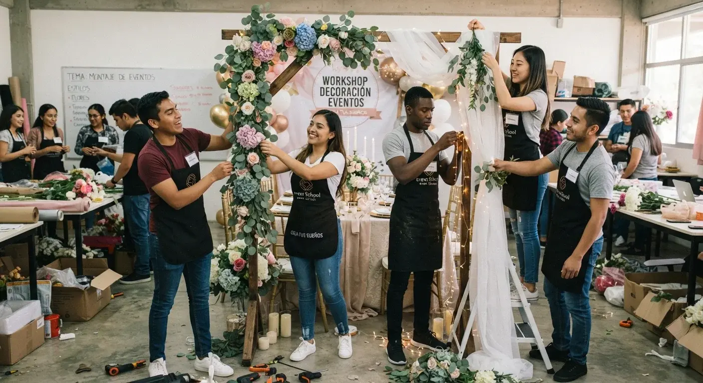 Grupo de estudiantes en una clase presencial practicando montaje de decoración de eventos