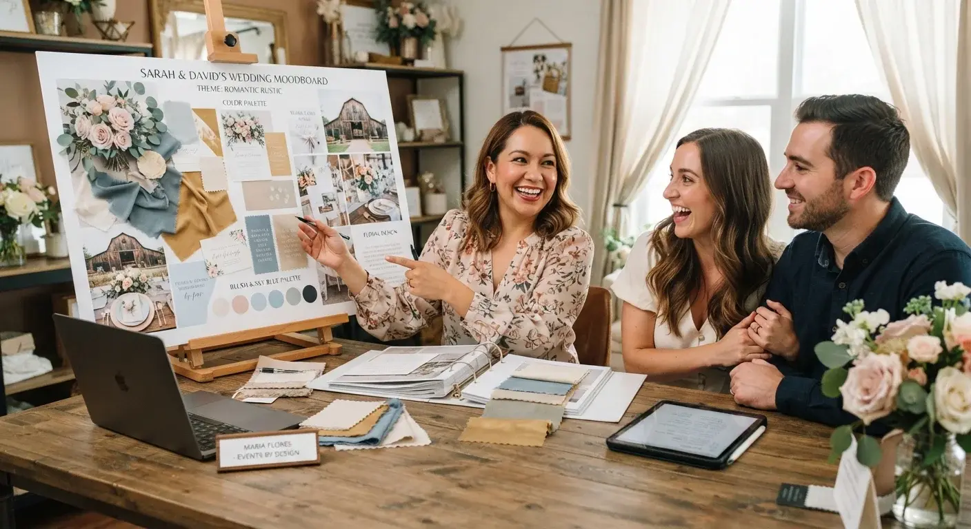 Wedding planner presentando un moodboard terminado a una pareja de clientes