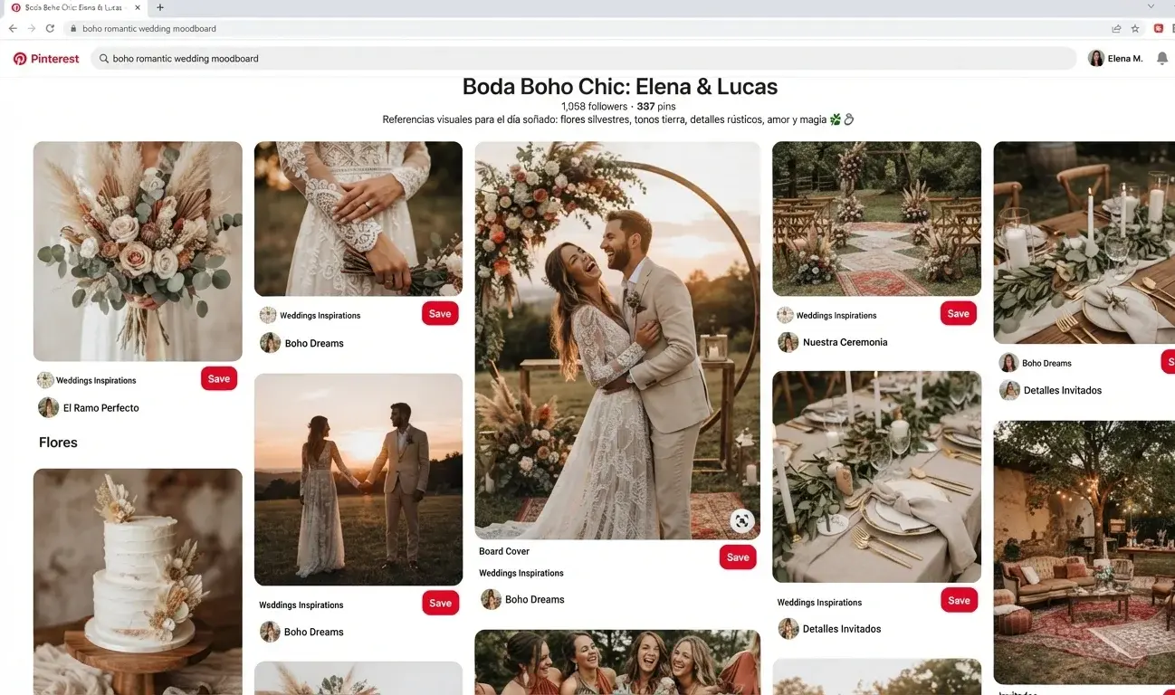 Tablero de Pinterest con referencias visuales organizadas para el moodboard de una boda