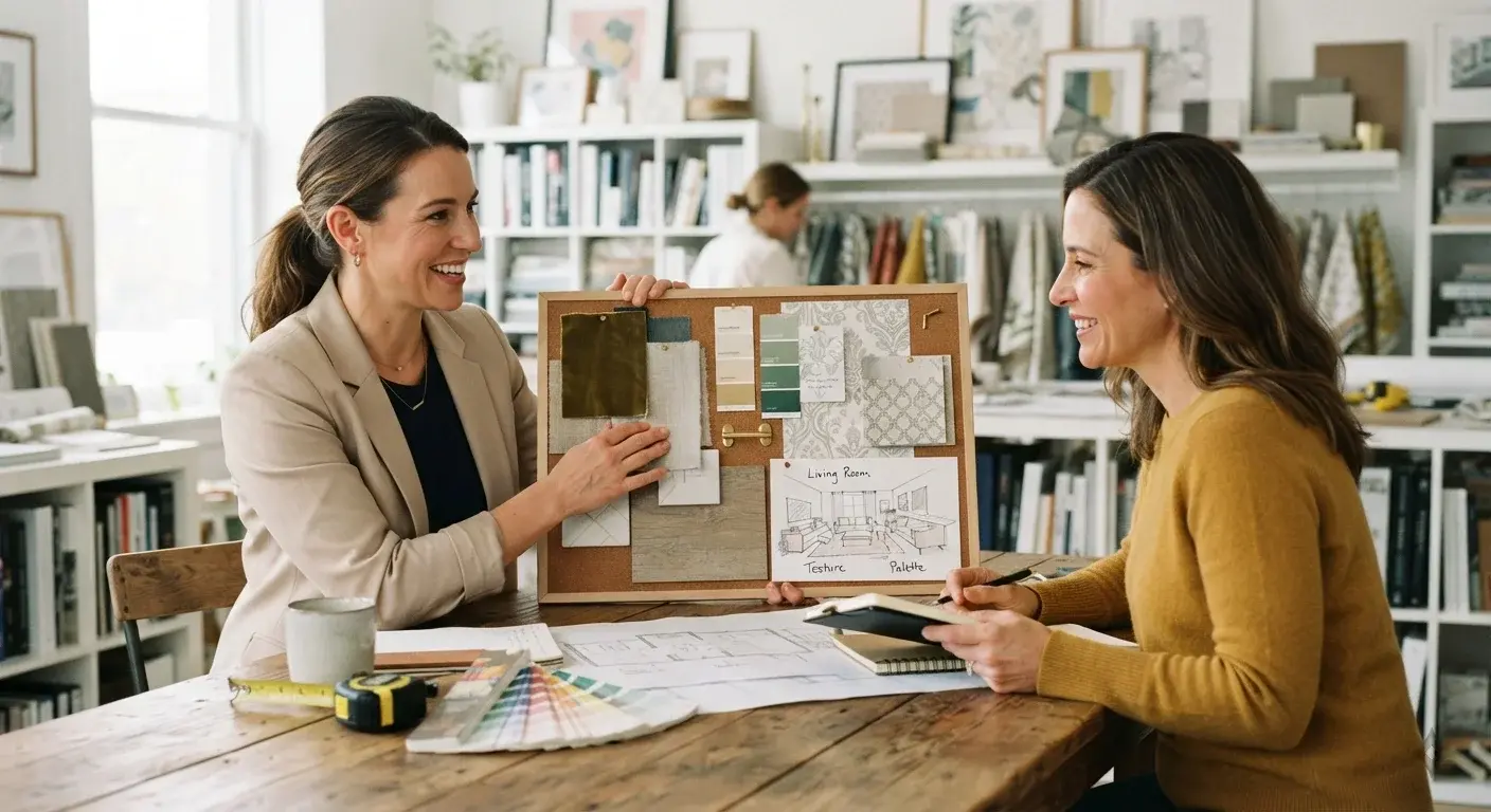 Diseñador de interiores presentando un moodboard con muestras de material a un cliente