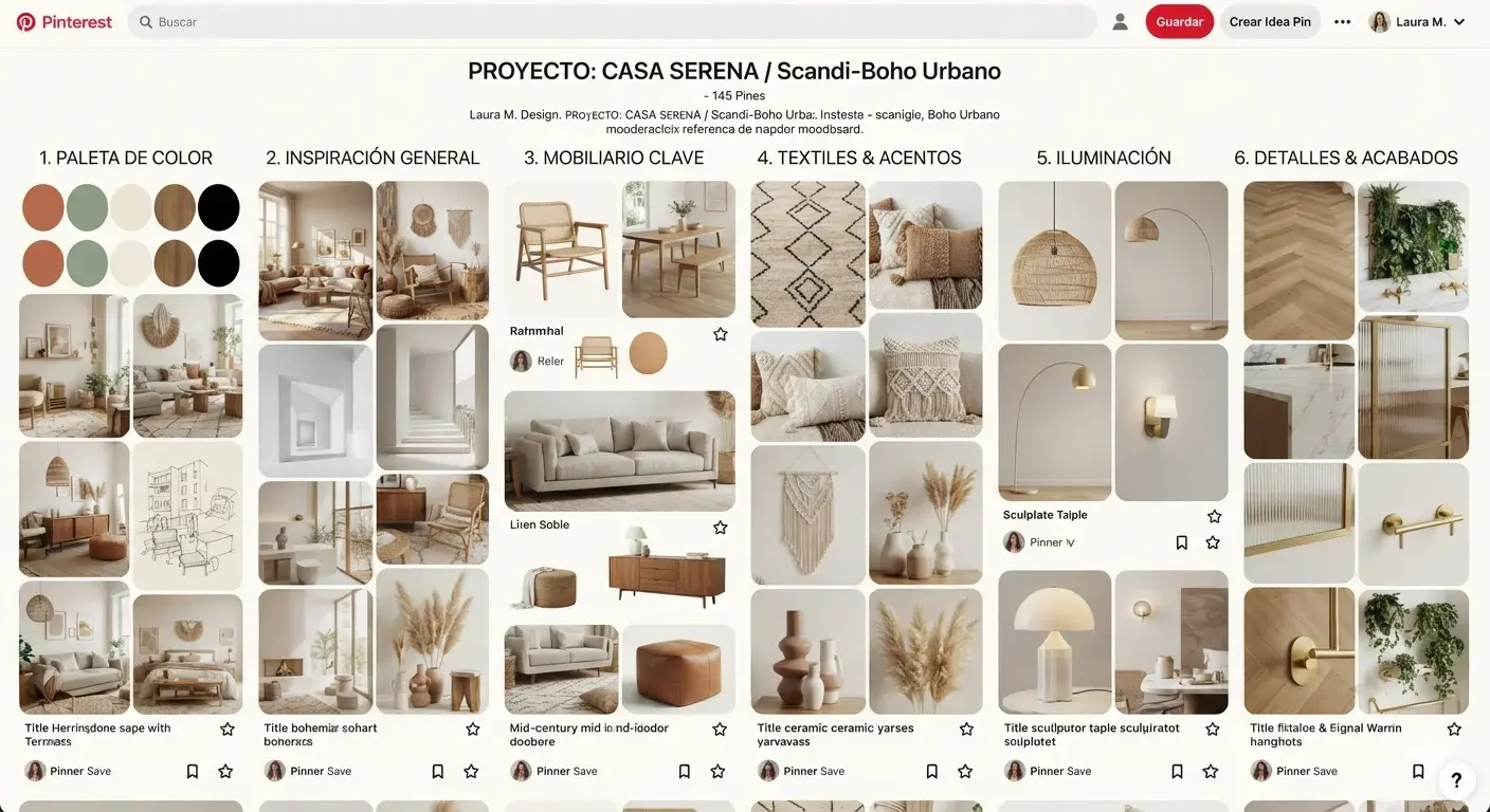 Tablero de referencias visuales organizado por categorías para un moodboard de interiorismo