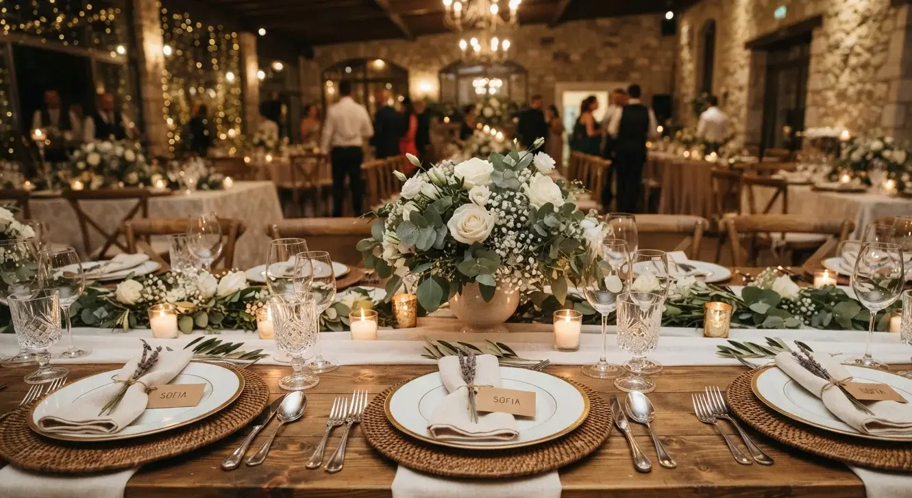 Detalle de mesa decorada lista para recibir a los invitados en un evento
