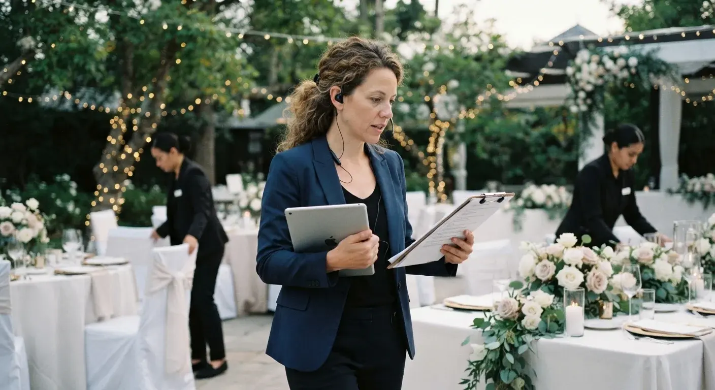 Wedding planner coordinando los últimos detalles antes de que lleguen los invitados