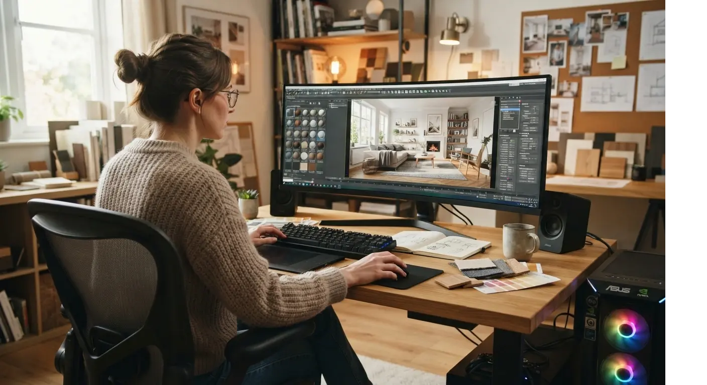 Render 3D fotorrealista de una sala de estar terminada, con luz natural e iluminación cálida