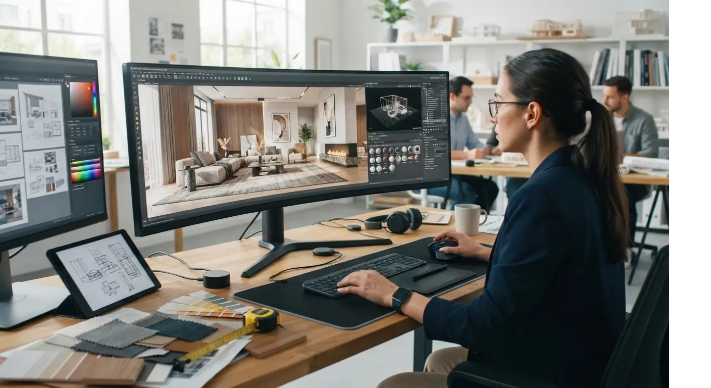 Diseñador de interiores mostrando un modelo 3D en pantalla a una pareja de clientes