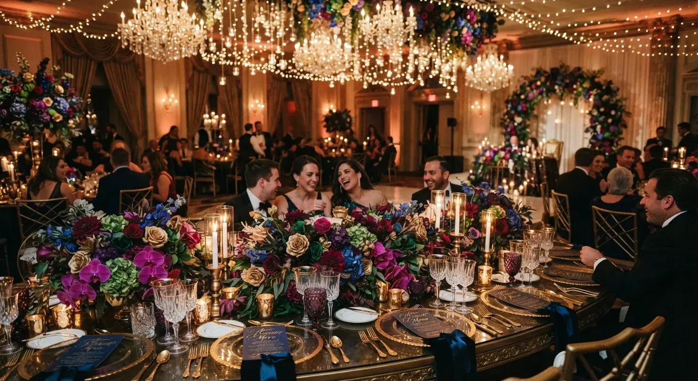 Recepción de boda con iluminación protagonista y decoración de mesa con tonos joya