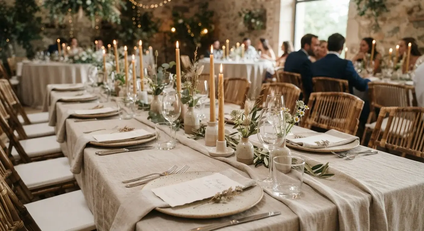 Mesa de boda con decoración minimalista, mantel de lino y velas naturales
