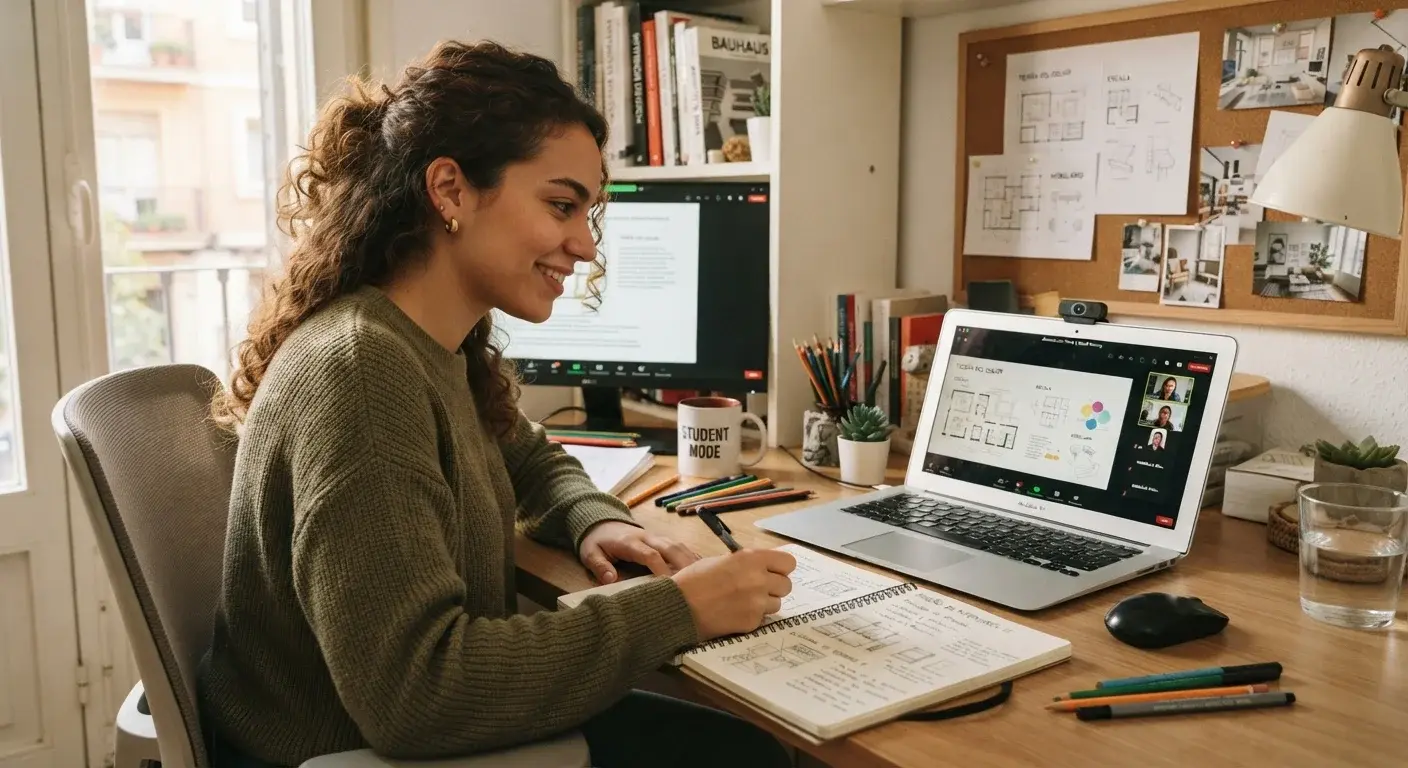 Estudiante de diseño de interiores tomando una clase online y tomando notas en un cuaderno