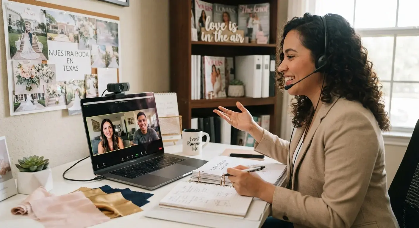 Wedding planner coordinando por videollamada con clientes hispanos en Estados Unidos