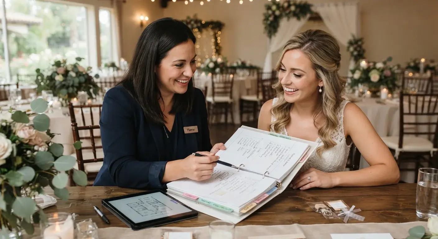 Wedding planner conversando con una novia sobre los detalles finales de su boda